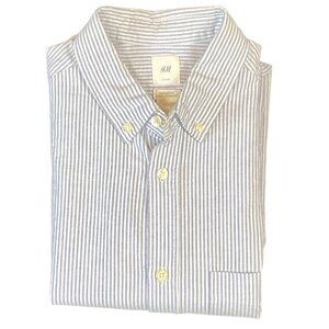 H&M LOGG Regular Fit Men's L Blue & White Striped Cotton Button Down Shirt 243L